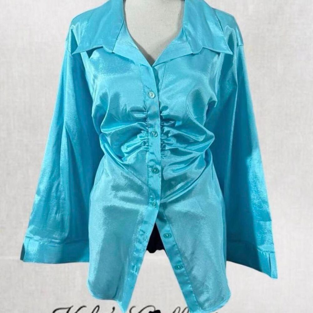 Fairycore Sky Blue Satin Button Up Blouse with Ruched Front